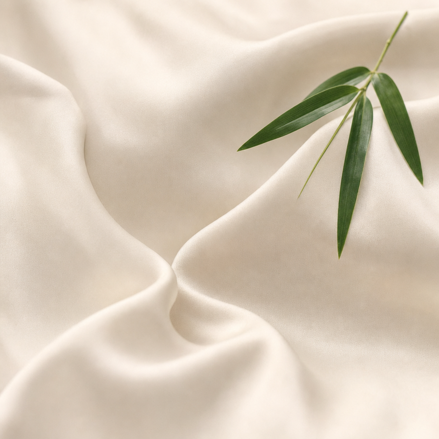 Two care labels side by side: one reading 40% rayon from bamboo, 60% polyester, the other reading 100% viscose from bamboo